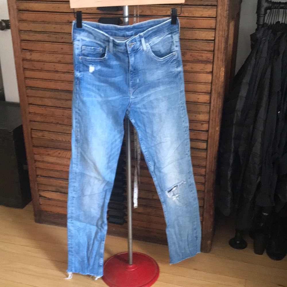 & Denim Distressed High Rise Slim Ankle Jeans